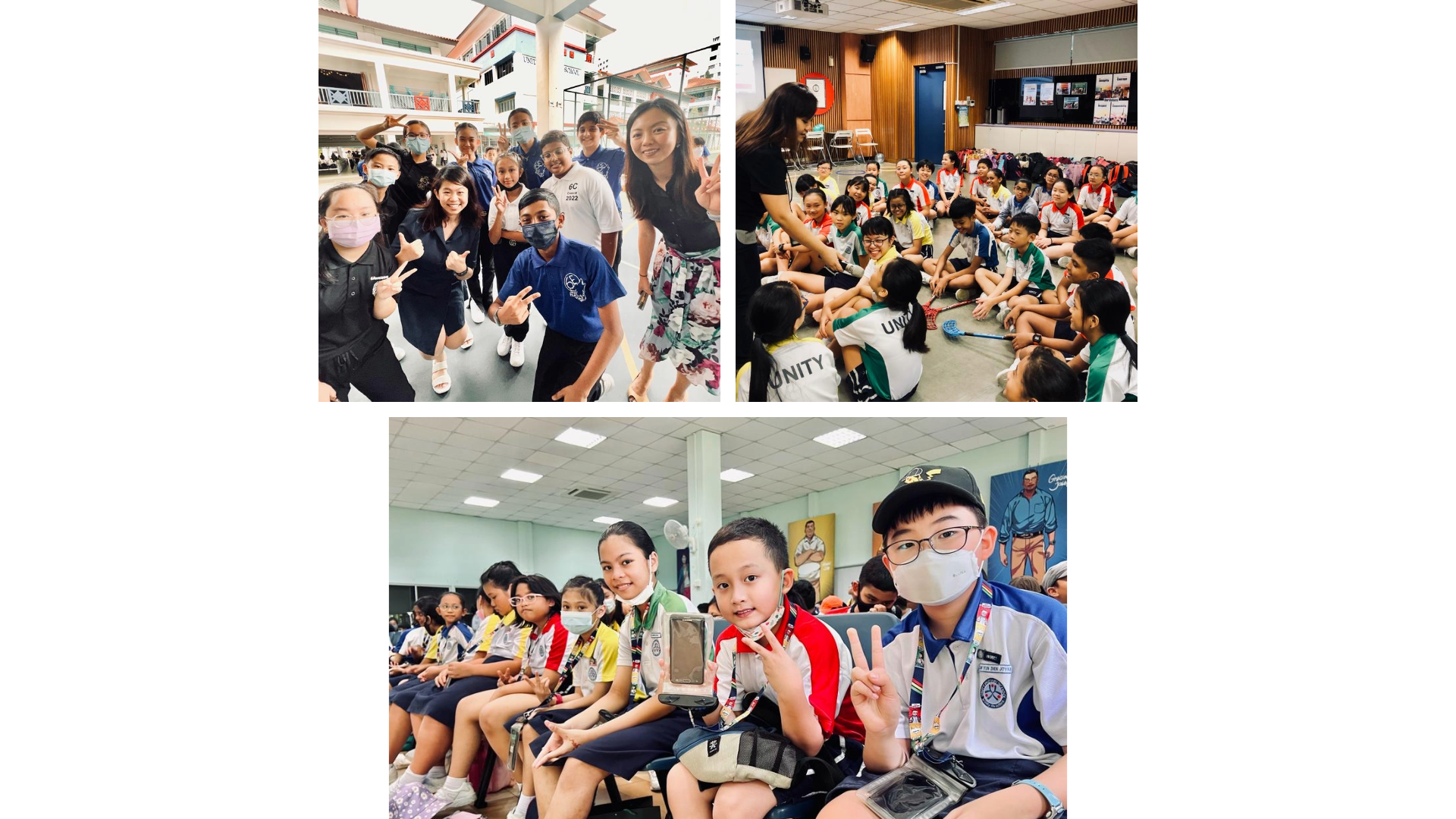 Three photos of school children in uniforms posing, sitting in a circle with a teacher, and seated in an auditorium.